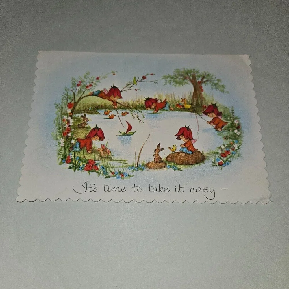VTG Get Well Greeting Card Child Lake Bunny Duck Scalloped Edges Famous Artists